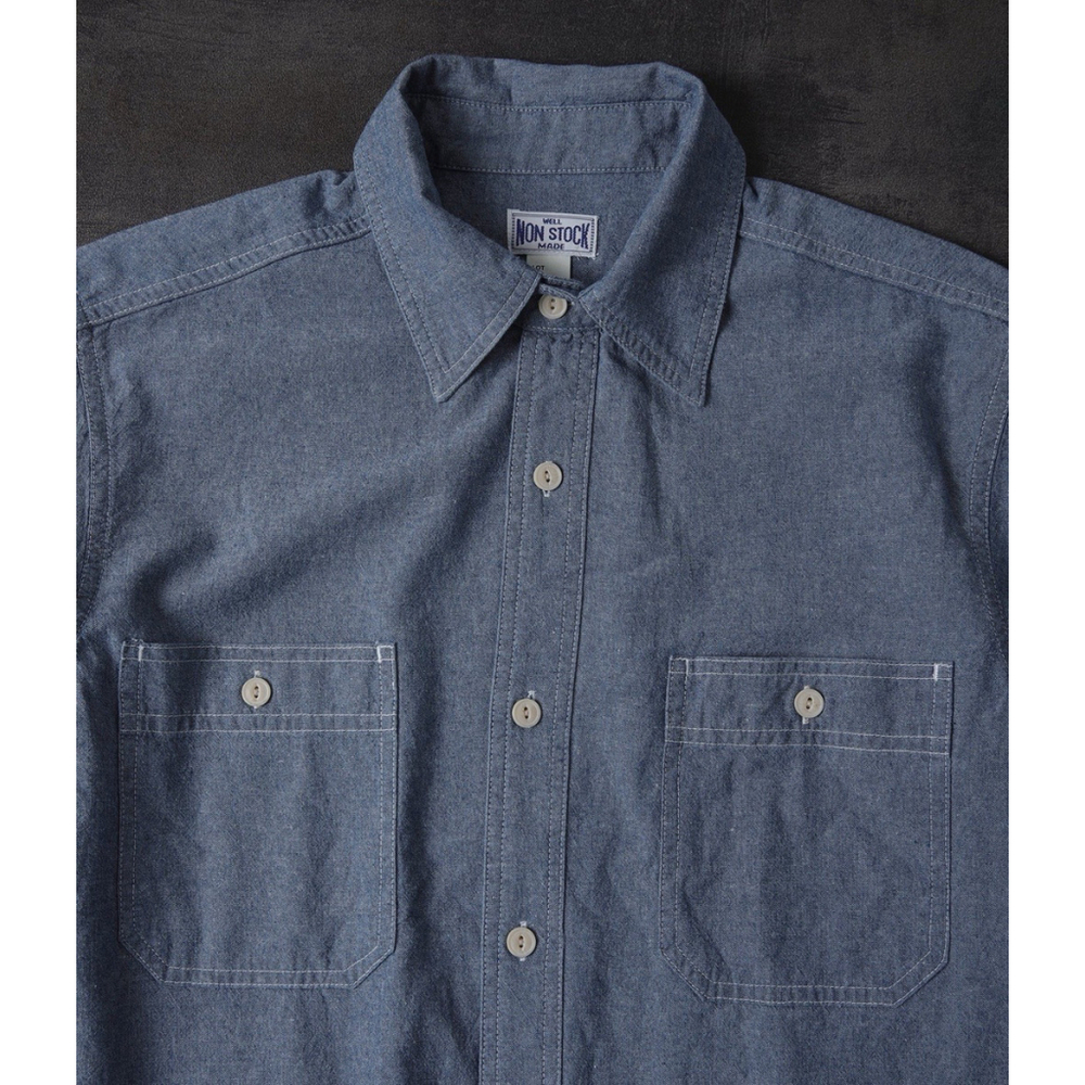 Non Stock Men's Long-Sleeve Chambray Shirt Blue Button Down Pocket Work M
